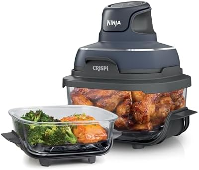 Ninja Crispi Air Fryer, Microwave, Freezer & Dishwasher Safe, Non Toxic Glass Portable Cooking System, 4 QT & 6 Cup Glass Containers with Storage Lids, Easy Meals, Air Fry, Bake, & More Grey, FN101GY
