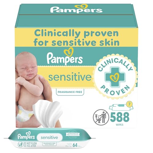 Pampers Baby Wipes Sensitive, Water Based Wipes, Hypoallergenic and Unscented Wipes, 588 Wipes Total (7 Refill Packs)