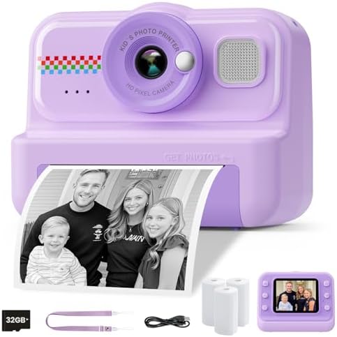 Kids Camera Instant Print, 1080P HD Instant Print Camera for Kids with 3 Rolls Print Paper & 32GB Card, Selfie Digital Camera for Kids, Ideal Kids Toys Gifts for Boys & Girls Age 3-14 (Purple)