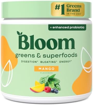 Bloom Nutrition Superfood Greens Powder, Digestive Enzymes with Probiotics and Prebiotics, Gut Health, Bloating Relief for Women, Chlorella, Green Juice Mix with Beet Root Powder, 30 SVG, Mango
