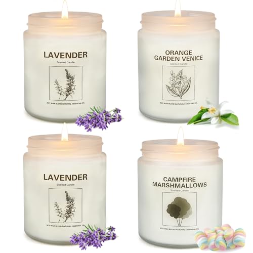 Candles for Home Scented, 4 Pack Scented Candles Gifts for Women 28 oz 200 Hour Long Lasting Natural Soy Candles, Lavender, Orange Garden Venice, Campfire Marshmallows 3 scents
