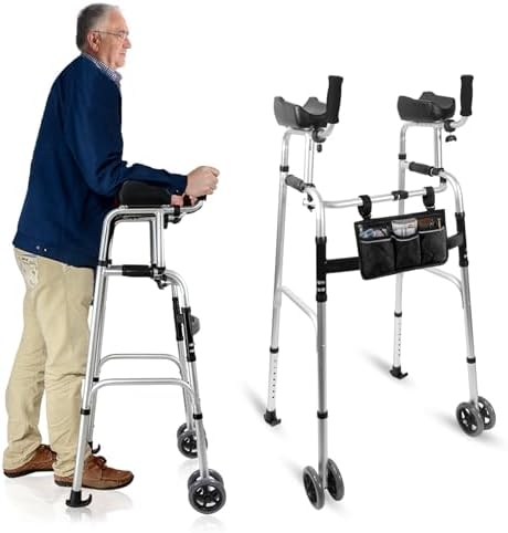 Dual-Wheel Stand Up Walker with Armrest Pad - Aluminum Standard Walker with Small Bag, Fadable Walkers for Seniors, Elderly, Platform Walker with Arm Support, Standing Upright Walkers, Silver
