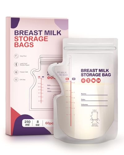 dearlomum BPA-Free Breastmilk Storage Bags - 60 Pcs, 8 Ounce, Self-Standing with Pour Spout, Space-Saving Flat Profile, Ideal for Convenient Breastfeeding and Milk Storage, Refrigeration & Freezing