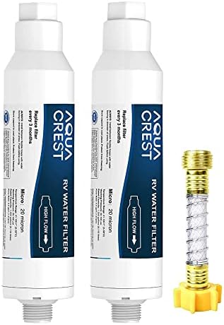 AQUA CREST RV Inline Hose Water Filter, Garden and Camper, NSF Certified, Greatly Reduces Chlorine, Bad Taste, Odor, 2 Pack with Hose Protector (Package May Vary)