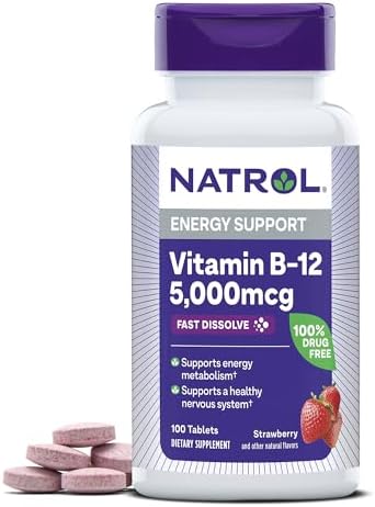 Natrol Vitamin B12 Fast Dissolve Tablets, Promotes Energy, Supports a Healthy Nervous System, Maximum Strength, Strawberry Flavor, 5,000mcg, 100 Count