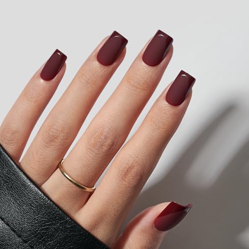 BTArtbox Press on Nails Short Square - Dark Red Nails with Glossy French Tips in a Matte Finish, Soft Gel Fake Nails Glue On Nails in 16 Sizes for for Valentine's Day Gift, Cozy Cocoa