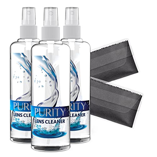 Purity Eyeglass Lens Cleaner Spray Kit - 3 x 8oz Lens Cleaner Spray Bottle + 2 Microfiber Cloth for Cleaning - Safe for All Lenses (AR Coated Included), Eyeglasses and Screens