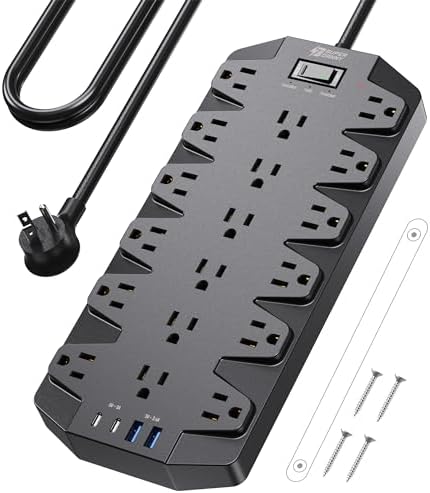 Surge Protector Power Strip, SUPERDANNY 18 AC Outlets with 4 USB Ports, 1875W/15A, 2100J, 6.5FT Flat Plug Heavy Duty Extension Cord with Wall Mount Holes for Home, Office, Gaming Room,Dorm, Black