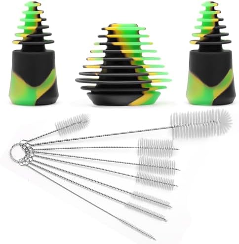 Silicone Cleaning Plugs, 3PCS Purple Silicone Cleaning Stoppers, with 8PCS Bottle Brushes Set for Cleaning, Storaging, and Proofing Glass Water Pipes (Black+Green)