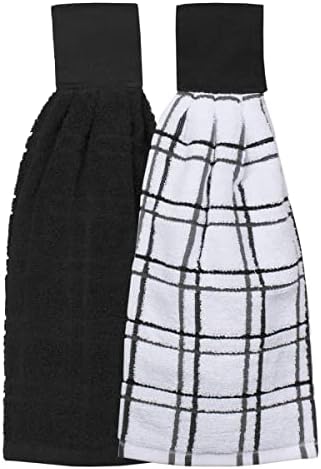 Ritz Premium 100% Cotton Solid and Multi Check Kitchen Tie Towel, Absorbent, Super Soft, and Fast Drying Hang Towel, Set of Two, Black