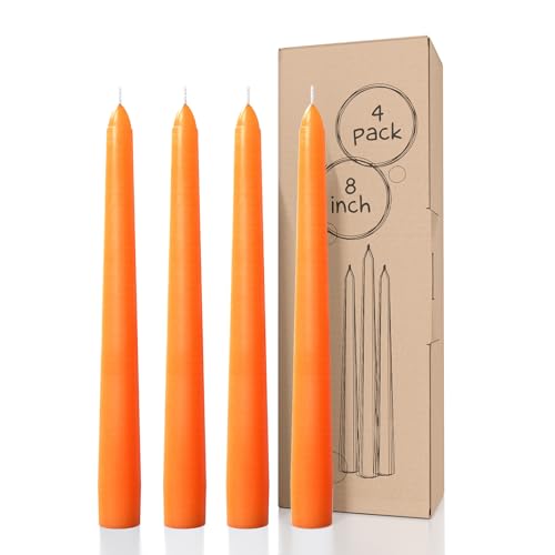 CANDWAX 8 inch Taper Candles Set of 4 - Tapered Candles Dripless and Unscented - Tall Candles Long Burning Perfect for Dinner, Party or Christmas Candles Decor - Orange Candles