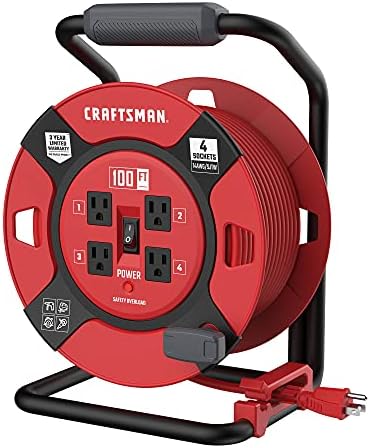 CRAFTSMAN 100 Ft. Retractable Extension Cord Reel With 4 Outlets & Heavy Duty 14AWG SJTW Cable