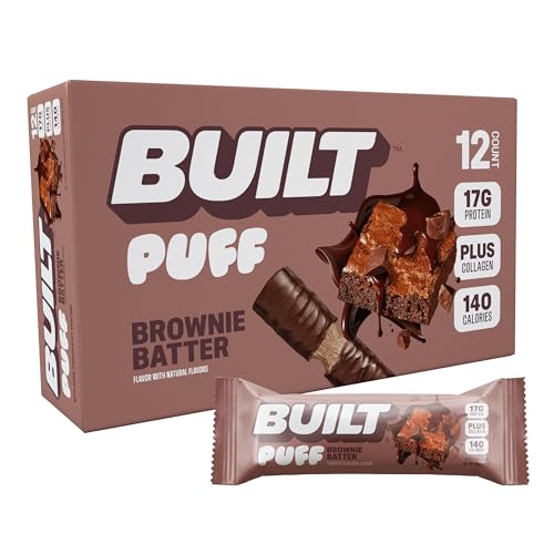 BUILT Puff Protein Bars, Brownie Batter Puff, High Protein Bars, 17g High Protein Snacks, On-The-Go Bars, only 140 Calories, 6g Sugar, Collagen, Gluten Free, 12 Count