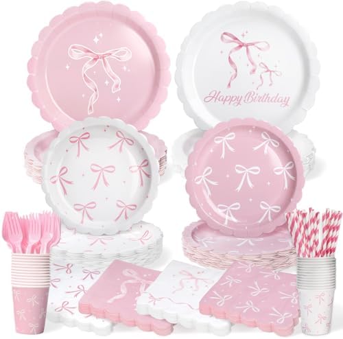 300 Pcs Pink Bow Plates, Cups, Napkins and Tableware Sets for Coquette Birthday Decorations, Pink Birthday Party Supplies Include Straws, Pink Birthday Decorations Which Can Serve 50