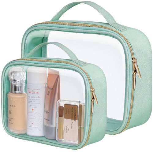 PACKISM TSA Approved Toiletry Bag - Glitter Textured Clear Makeup Bag, Personalized and Fashion, with 180° Large Opening and Supporting Frame, Perfect for Travel Essentials, Thick No Smell, Green