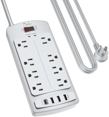 Surge Protector Power Strip - Nuetsa Flat Plug Extension Cord with 8 Outlets and 4 USB Ports, 10 Feet Power Cord (1625W/13A), 2700 Joules, ETL Listed, Grey