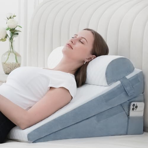 Bed Wedge Pillow for Sleeping 3Pcs, Adjustable 4.5&7.5&12 Inch Memory Foam Wedge Pillow, Triangle Wedge Pillow Post Surgery Pillow for Acid Reflux, Heartburn, Snoring, Legs and Back Pain