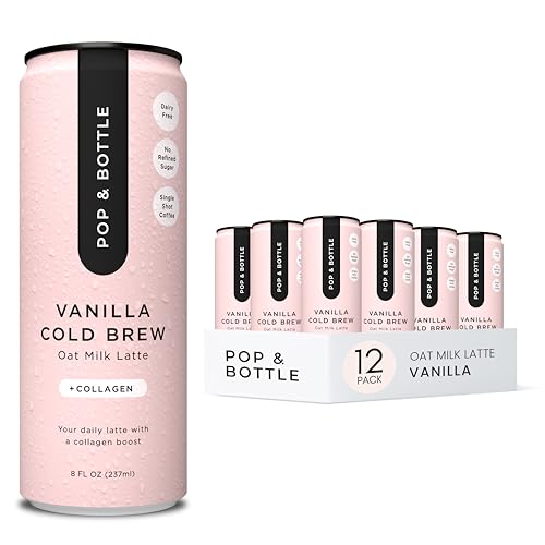 Pop & Bottle, Oat Milk Lattes - Cold Brew with Sustainably Sourced Marine Collagen, MCT Oil, Oat Milk, Organic, Dairy Free, Gluten Free, Great as Iced Coffee, Lightly Sweetened with Dates - Vanilla, 8 Fl Oz (12 Pack)