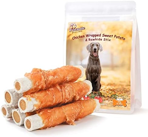 Chicken Wrapped Sweet Potato Rawhide Dog Treats, Big Stick Long Lasting Large Dog Treats Dog Chew Training Snacks for Medium Large Breed 6-7 Counts 10.58 oz