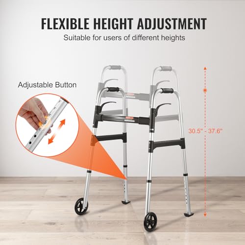 VEVOR Folding Walker, 2-Button Folding Walkers with 5" Solid Wheels and Adjustable Height, Lightweight Aluminum Mobility Walker, Front Wheeled Rolling Walkers for Seniors and Adults, Up to 350 Pounds