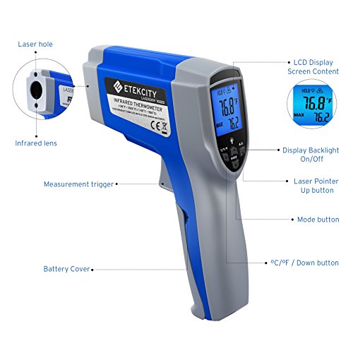 Etekcity Infrared Thermometer 1022D (Not for Human) Dual Laser Temperature Gun Non-contact-58℉~1022℉ (-50℃ ~ 550℃) with Adjustable Emissivity & Max Measure, Standard Size, Blue & Gray