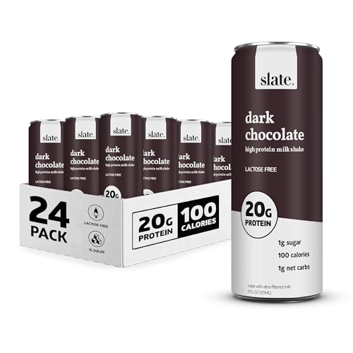 Slate Milk - High Protein Milk Shake - Dark Chocolate - Lactose Free, 20g Protein, 1g Sugar, 100 Calories, 1g Net Carbs, No Added Sugar - Natural, Breakfast Boost, Post Workout - 11 fl oz, 24 Cans