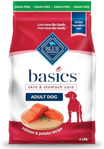Blue Buffalo Basics Grain-Free Adult Dry Dog Food, Skin & Stomach Care, Limited Ingredient Diet for Dogs, Salmon Recipe, 4-lb. Bag