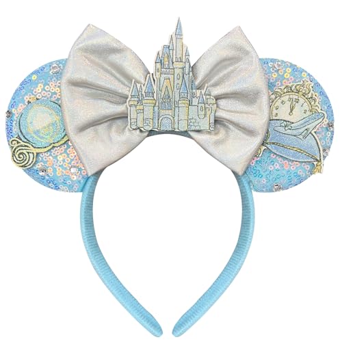 Hairband for Women Adult Blue Sequin Mouse Ears Headband with Castle Bows for Park Ears
