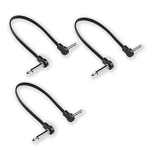 Flat Low Profile Guitar Patch Cable 12 inch 1 Foot for Effects Pedals, 1/4 inch Right-Angle, Black, 3-Pack
