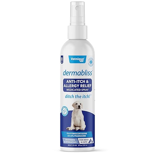Dermabliss Dog Allergy Itch Relief - Chews, Medicated Hydrocortisone Anti-Itch Spray, Wipes & Omega Immune Treats - Vet Recommended for Allergies & Immunity… (8oz, Anti-Itch Spray)
