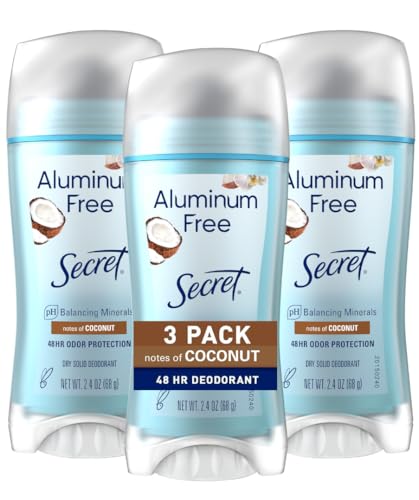 Secret Aluminum Free Deodorant for Women, 48hr Odor Protection, Free of Parabens Dyes Talc & Baking Soda, PH Balancing Minerals, Dry Solid, Coconut Scent, 2.4 oz (Pack Of 3)