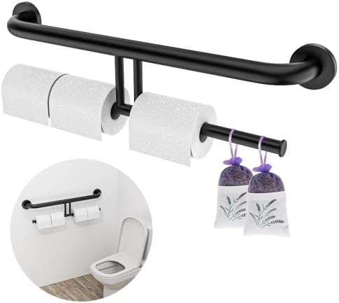 24 Inch Grab Bar w/Double Toilet Paper Roll Holder Black, iHansee Stainless Steel Shower Support Balanced Support Handle, Wall Mounted Safety Handrail Grab Rail for Elderly Senior Handicap Disabled