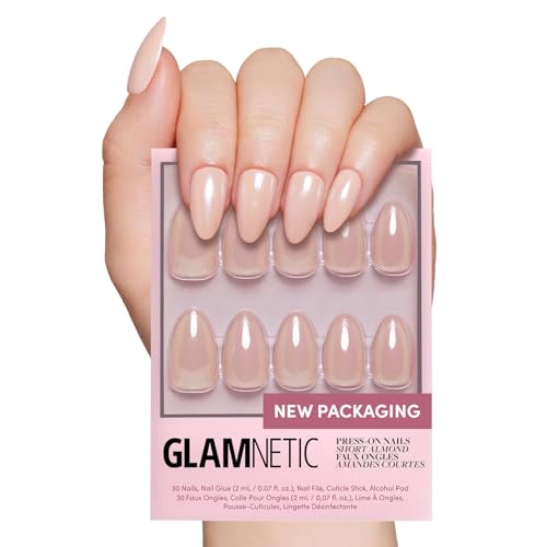 Glamnetic Press On Nails - Los Angeles | Solid Opaque Blush Nude Pink Short Almond Nails in Glazed Finish, Reusable | 15 Sizes - 30 Nail Kit