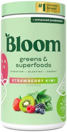 Bloom Nutrition Superfood Greens Powder, Digestive Enzymes with Probiotics and Prebiotics, Gut Health, Bloating Relief for Women, Chlorella, Green Juice Mix w Beet Root Powder, 60 SVG, Strawberry Kiwi
