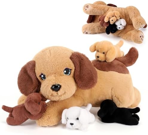 5 Pieces Dog Stuffed Animals with Babies Inside Belly - 1 Mommy Stuffed Dog with 4 Puppy Dog Plush - Stuffed Dog Plush Toy for Kids Age 3-8, Gifts Ideal for Christmas, Valentine's, Birthday