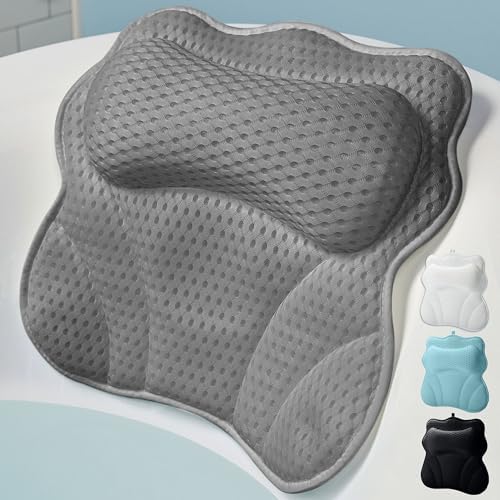 WONDERfoam Thick Padded Ergonomic Bath Pillow for Tub, Bathtub Headrest Neck and Back Support, Strong Suction, Machine Wash, Breathable Mesh Quick Dry Pillows, Luxury Bathtub and Spa Accessories, Gray