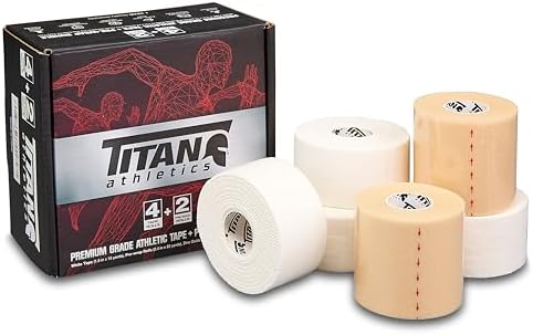 4 Rolls White Premium Athletic Tape + 2 Rolls Pre Wrap - Individually Sealed Tape Rolls for Max Effectiveness. Wrap Ankles, Knees, Wrists and Elbows. A Must for Every Athlete.
