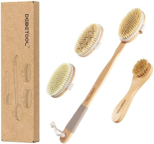 Dry Brushing Body Brush - Natural Boar Bristle Body Brush Set with Face Brush, Wooden Long Handle Scrub Body Brush for Cellulite Treatment, Lymphatic Drainage, Detachable, 3 Brush Heads