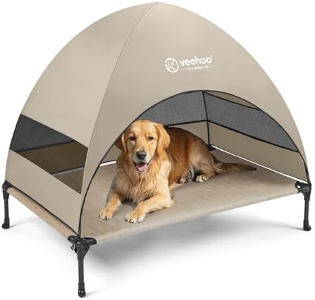 Veehoo Outdoor Dog Bed with Canopy, Cooling Elevated Dog Bed with Removable Shade, Non-Slip Feet, Raised Dog Cot Bed for Large Dogs, Dog Tent Bed for Camping, Beach, Large, Beige Coffee CWC2411