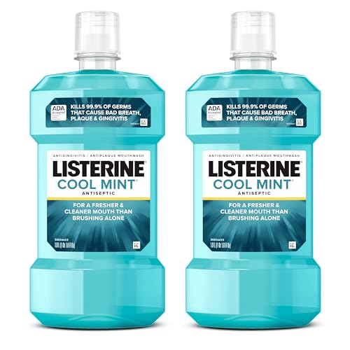 Listerine Cool Mint Antiseptic Mouthwash, Daily Oral Rinse Kills 99% of Germs That Cause Bad Breath, Plaque and Gingivitis for a Fresher, Cleaner Mouth, Cool Mint Flavor, 1.0 L, Pack of 2