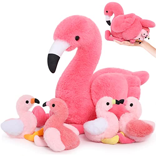 MorisMos Plush Flamingo Stuffed Animal-18 Inch Mommy Stuffed Flamingo with 4 Baby Flamingo Plush Toys Inside Zipper Tummy, Pink Flamingo Toy Gift for Girl Women Decor Birthday Christmas Valentines