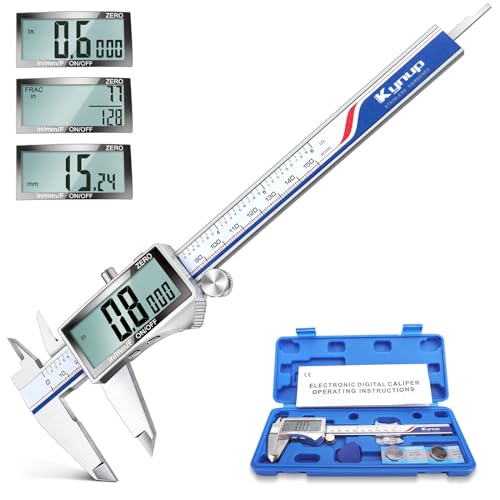 Kynup Digital Caliper, Caliper Measuring Tool with Large LCD Screen, Micrometer Caliper, Stainless Steel, Screen Splash Proof, Easy Switch from Inch Metric Fraction (6 Inch)