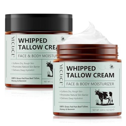 Whipped Beef Tallow for Skin - 100% Grass Fed Pure Beef Tallow with Honey Natural Moisturizing Cream for Face and Body Deep Hydration Softens Dry Skin Nourishing Tallow Cream ((2 Packs 2 x 4.2 Oz))
