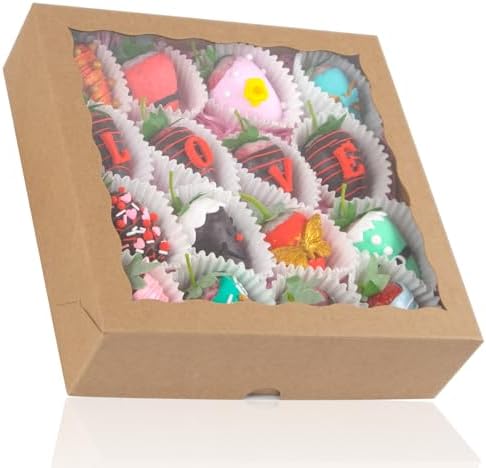 25pcs 9x9x2.5 Inches Brown Bakery Boxes with Window Cookies Boxes Pie Boxes Chocolate Covered Strawberries Boxes Cakesicle Browines Boxes for Christmas Valentine's Day