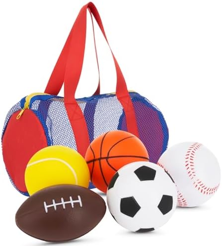 Neliblu Set of 5 Foam Balls for Kids - Stocking Stuffers for Toddlers 1-3 with Bag - Includes Soccer, Basketball, Football, Baseball and Tennis - Suitable for Babies and Throwing Toys for Kids