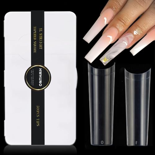 XL Tapered Square Nail Tips No C Curve,500Pcs Clear Medium Half Cover Long Coffin Shaped for Professional Manicure Salon and Home DIY