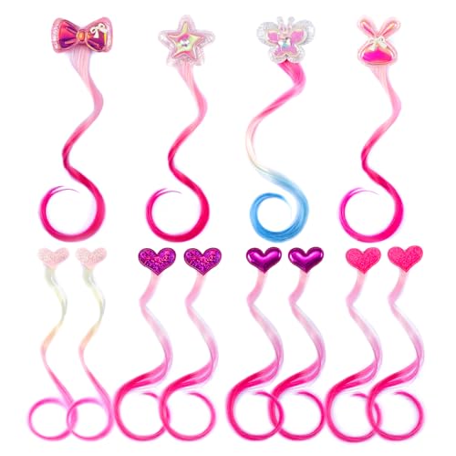 12 Pieces Hair Clips for Girls, Bow Curly Pink Gradient Hair Extensions for Kids, Little Girl Hair Clips Accessories for Ponytails Princess Dress Up