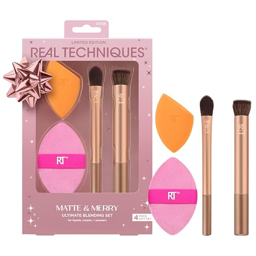 Real Techniques Matte & Merry Ultimate Blending 4 Piece Holiday Gift Set, Foundation Makeup Sponge, Dual-Sided Powder Puff, & 2 Makeup Brushes, Kitten Paw Brush, Stocking Stuffer, Limited Edition