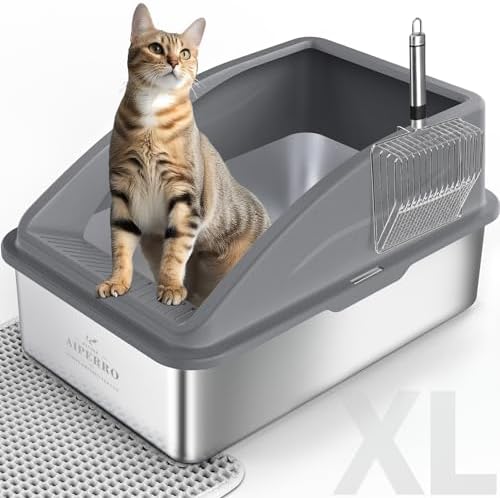 Stainless Steel Cat Litter Box with Lid | XL Extra Large Litter Box for Big Cats | Metal Litter Box High Sided | Enclosed Anti-Urine Leakage, Include Litter Mat and All-Metal Litter Scoop