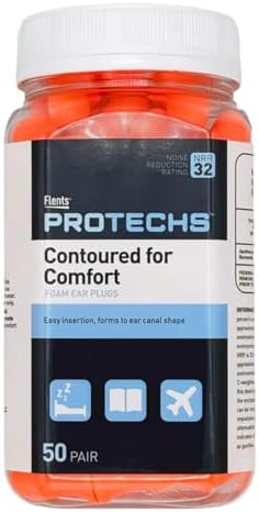 Flents Protechs Foam Ear Plugs, Contoured for Comfort, Ideal for Work with Loud Noise, Heavy Machinery, Construction, Studying & Traveling, NRR 32, Orange, Easy to Use, Made in The USA, 50 Pair